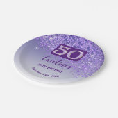 50. Geburtstagsfeier Glanz Lila Glitter Pappteller (Schrägansicht)