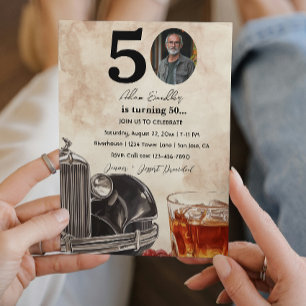 50. Geburtstagsfeier Oldtimer-Auto & Whiskey Einladung