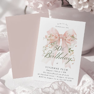 50. Geburtstagsfeier Pink Coquette-Schleife Rose F Einladung