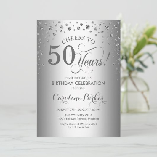 50. Geburtstagsfeier - Silber Einladung (Stehend Vorderseite)