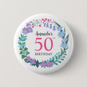 50. Geburtstagsfeier Sommerblumen-Hyazinthen-Kranz Button (Vorderseite)