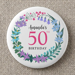 50. Geburtstagsfeier Sommerblumen-Hyazinthen-Kranz Button