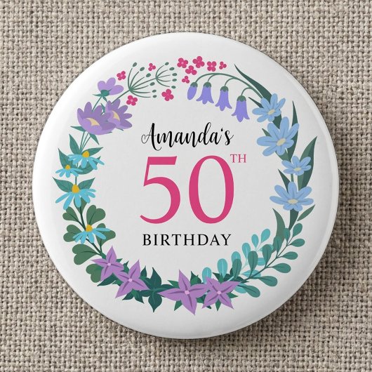 50. Geburtstagsfeier Sommerblumen-Hyazinthen-Kranz Button