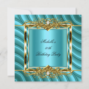 50. Geburtstagsfeier Teal Blau Gold Kurve Diamant Einladung