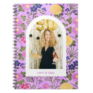 50. Geburtstagsfoto floral elegantes Foto-Notizbuc Notizblock
