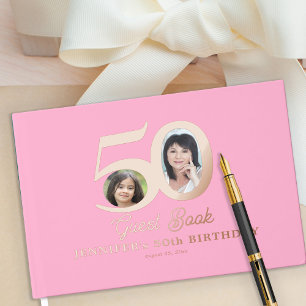 50. Geburtstagsfoto Name rosa Rosen Gold Gästebuch