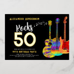 50. Geburtstagsmusik Rocks 50 Gold Folieneinladung<br><div class="desc">Feiern Sie Ihren 50. Geburtstag im Rock and Roll Stil mit dieser farbenfrohen, psychedelischen Gitarrenmusik personalisierte Schwarz-Gold-Folie. Fügen Sie den Namen des Geburtstagsfeiers hinzu, um zu erklären, dass sie wirklich Rock 50 tun. Ein unterhaltsames musikalisches Design mit moderner Goldtypografie und musikalischen Noten für den Rockstar, der 50 im Rock'n'Roll-Stil will....</div>