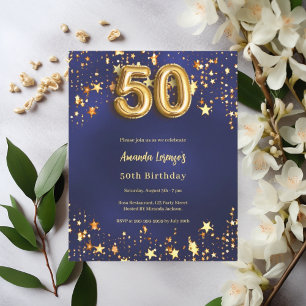 50. Geburtstagsnacht blaue goldene Sterne Einladun