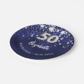 50. Geburtstagsnacht blaue Silberstars Pappteller (Schrägansicht)