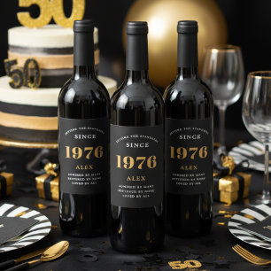 50. Geburtstagsname 1976 Black Gold Elegant Chic Weinetikett