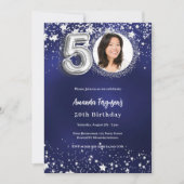 50. Geburtstagsnavy blauen Silberstars Foto Einladung (Vorderseite)