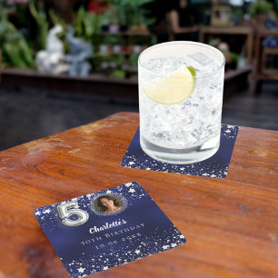 50. Geburtstagsnavy blauen Silberstars Foto Rechteckiger Pappuntersetzer