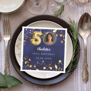 50. Geburtstagsnavy Blue Gold Stars Foto Serviette