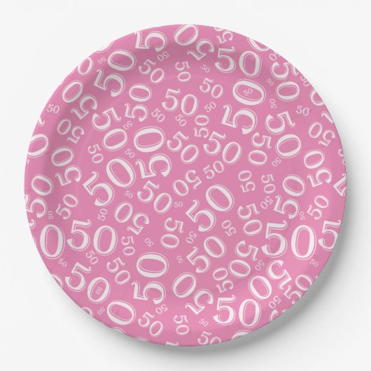 50. Geburtstagsnummer Muster Rosa/Weiß Pappteller (Vorderseite)