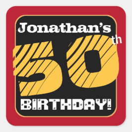 50. Geburtstagspartei Red Black Gold Add Name A19A Quadratischer Aufkleber