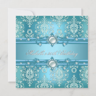 50. Geburtstagsparty Aquamarin Blue Pearl Damask F Einladung