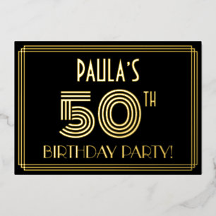 50. Geburtstagsparty — Art Deco Stil "50" + Name Folieneinladung