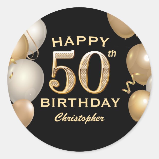 50. Geburtstagsparty Black and Gold Ballons Runder Aufkleber (Vorderseite)