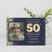 50. Geburtstagsparty Blue Gold Glitzer Einladung (Stehend Vorderseite)