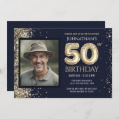 50. Geburtstagsparty Blue Gold Glitzer Einladung (Vorne/Hinten)