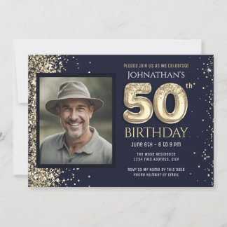 50. Geburtstagsparty Blue Gold Glitzer Einladung
