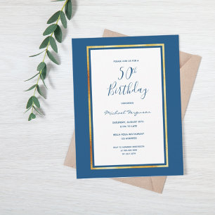 50. Geburtstagsparty Blue White Gold Einladung Postkarte