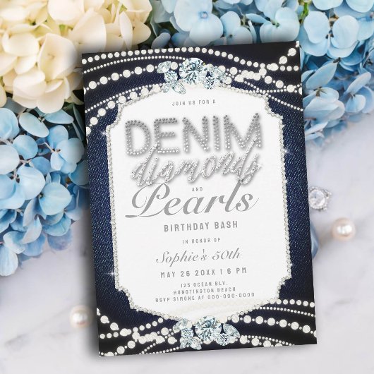 50. Geburtstagsparty Denim Diamonds Pearls Rahmen Einladung