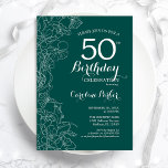 50. Geburtstagsparty der aquamarinen Grünen Blüte Einladung<br><div class="desc">Grüne Blüte 50. Geburtstagsparty Einladung. Minimalistisches modernes Design mit botanischen Kontur Zeichnungen Akzente und Typografie Drehbuch Schriftart. Einfache,  trendige Einladungskarte für eine stilvolle Damenfeier. Kann für jedes Alter angepasst werden. Gedruckte Zazzle Einladungen oder Sofortdownload digitalen druckbaren Vorlage.</div>
