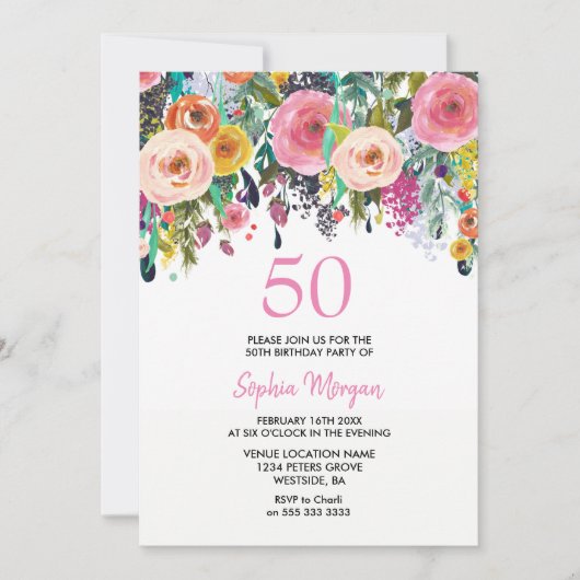 50. Geburtstagsparty der Frauen Einladen rosa Blum Einladung (Vorderseite)