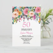 50. Geburtstagsparty der Frauen Einladen rosa Blum Einladung (Stehend Vorderseite)