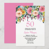 50. Geburtstagsparty der Frauen Einladen rosa Blum Einladung (Vorne/Hinten)