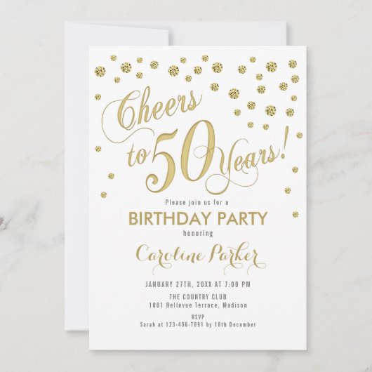 50. Geburtstagsparty Einladung - Gold White (Vorderseite)