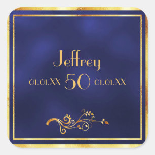 50. Geburtstagsparty elegant blau und gold Quadratischer Aufkleber