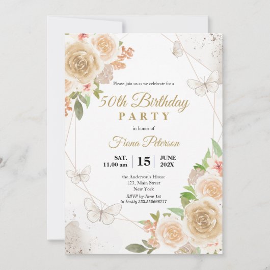 50. Geburtstagsparty Elegantes Blumengeflecht Einladung (Vorderseite)