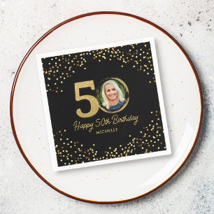 50. Geburtstagsparty Foto Chic Black Gold Glitzer Serviette