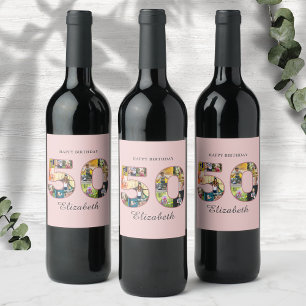 50. Geburtstagsparty Foto Collage Dusty Blush Pink Weinetikett