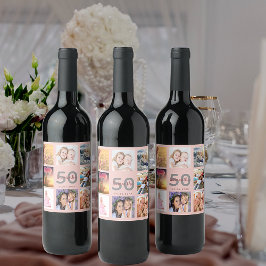 50. Geburtstagsparty Foto Collage Rose Gold Weinetikett