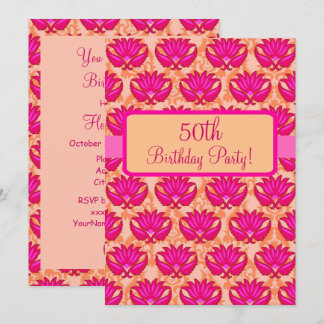50. Geburtstagsparty Fuchsia Pink Orange Damask Einladung