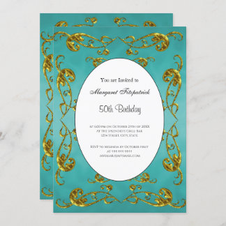 50. Geburtstagsparty Gold Aquamariner Klassiker Einladung