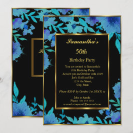 50. Geburtstagsparty Gold Blue Blume Floral Einladung