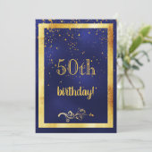 50. Geburtstagsparty Gold Rahmen blau Einladung (Stehend Vorderseite)