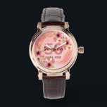 50. Geburtstagsparty Korallengold Dahlia Blume Armbanduhr<br><div class="desc">Eine trendige Uhr für ein 50. Geburtstagsgeschenk. Mit einem Imitat goldhexagon geometrisch geformten Rahmen. Die Blume sind in Rosa, Creme und Korallen mit Aquarellfarben dekoriert. Lebende Korallen mit Polka Punkte als Hintergrund. Vorlagen für einen Namen, 50 Jahre und ein Datum. Geburtsdatum oder Geburtsdatum des Party. Briefe aus Burgund und Korallen....</div>