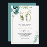 50. Geburtstagsparty mit Gold und Eukalyptus Einladung<br><div class="desc">Diese goldene und eukalyptus 50. Geburtstagsfeier lädt zu einem eleganten 50. Geburtstag ein. Das Design besteht aus handbemalten Aquarellgrün,  goldenen und blauen Blätter und Blume,  die in Bouquets und geometrisch eleganten Rahmen gepflegt sind.</div>