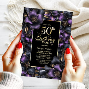 50. Geburtstagsparty mit lila und grauer Flora Einladung