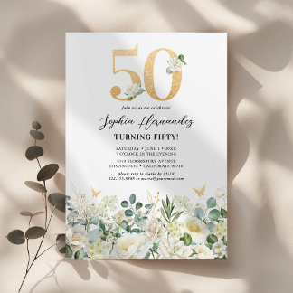 50. Geburtstagsparty mit weißer Blüte Einladung