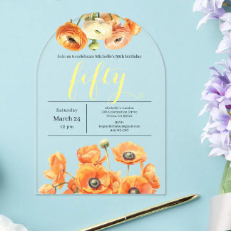 50. Geburtstagsparty Modern Garden Orange Blume Acryleinladungen