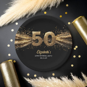 50. Geburtstagsparty Modernes Schwarz und Gold Pappteller