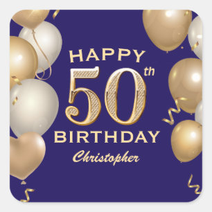 50. Geburtstagsparty Navy Blue and Gold Balloons Quadratischer Aufkleber