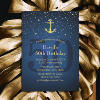 50. Geburtstagsparty Navy Blue Nautical Gold Anker Einladung