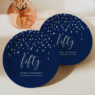 50. Geburtstagsparty Navy Blue Silver Confetti Pappteller